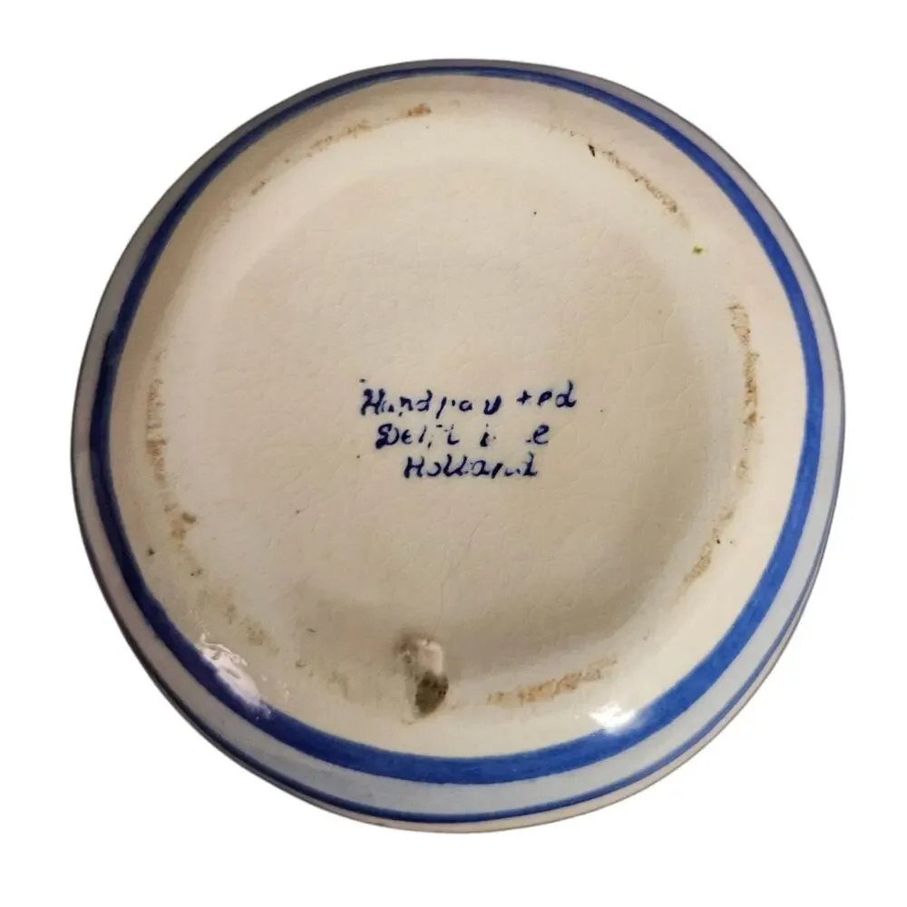 Vintage Delft Blue Holland Hand Painted Sugar Bowl Windmill Floral Lidded Jar